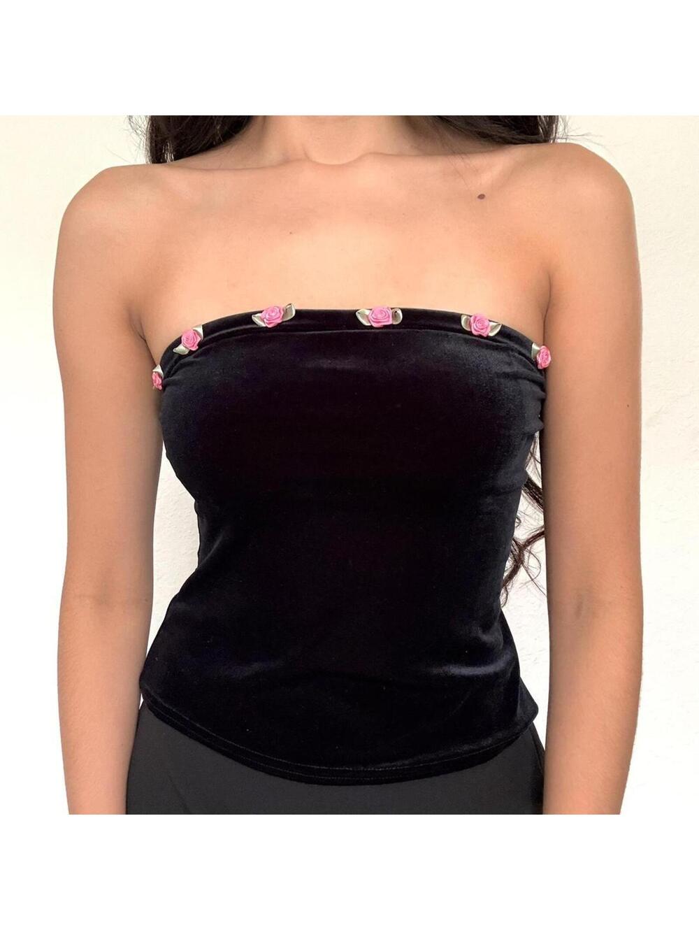 Y2K Black Velvet Top with Pink 3D Roses